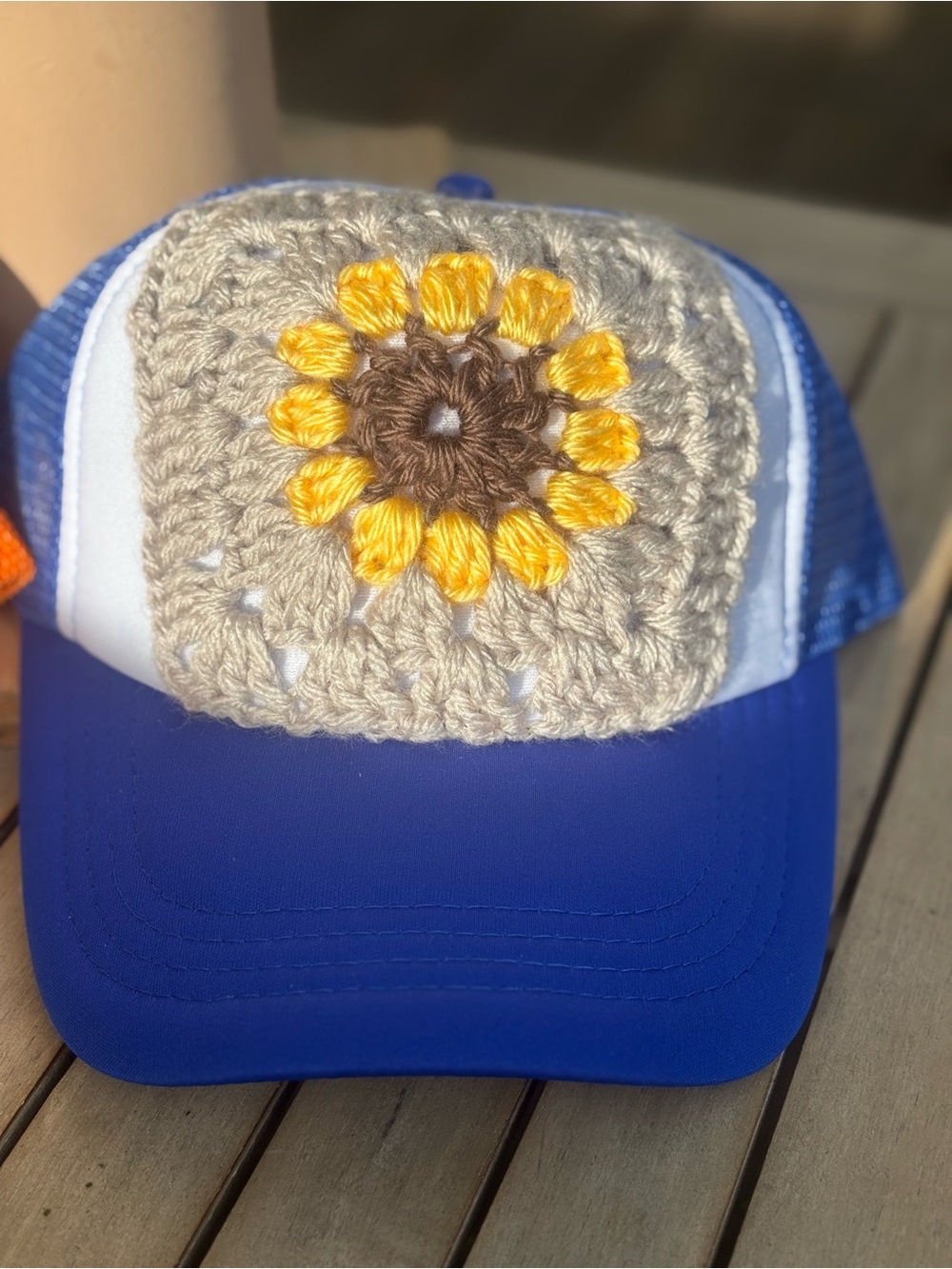 Blue Trucker Hat with Crochet Sunflower Patch